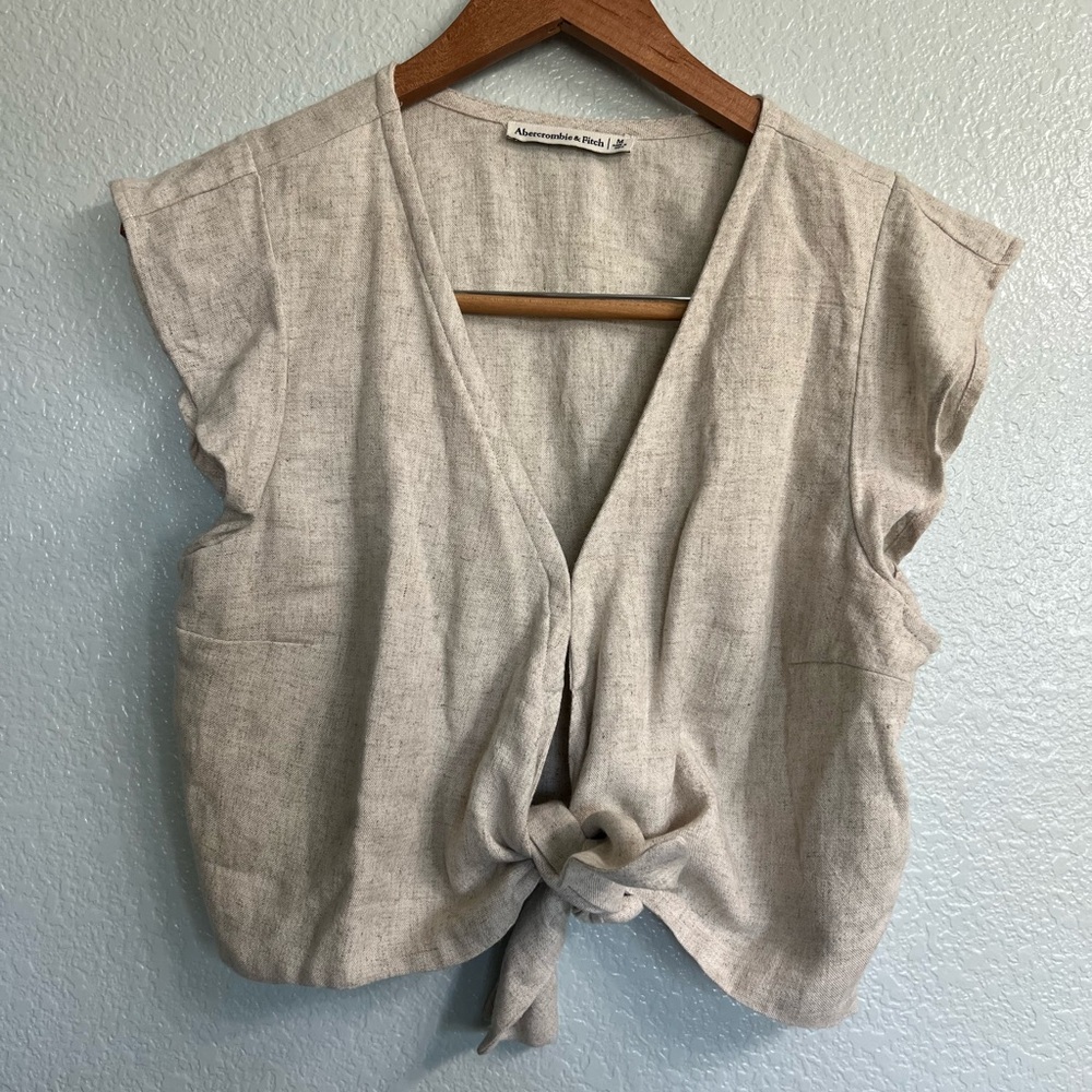 Women's Beige Linen blend Tie-Front Top